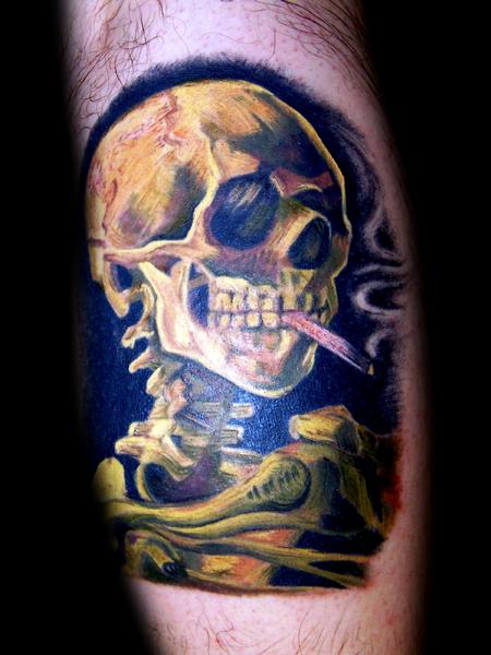 Angela Leaf - van goghs skeleton with cigarette color tattoo